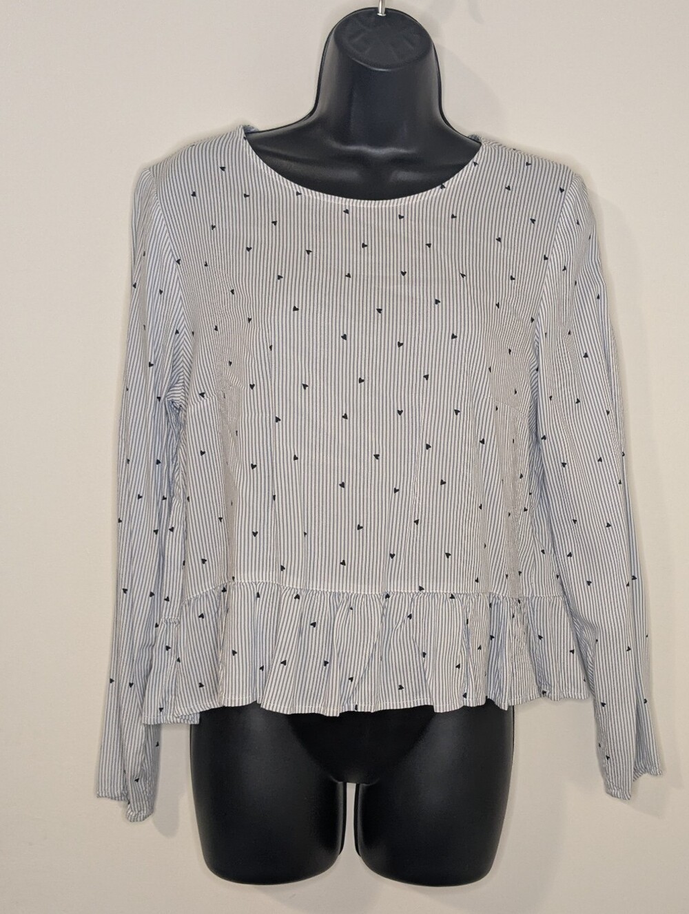 H&M Divided Striped Heart Peplum Blouse Size 10 3/4 Sleeve Keyhole Top
